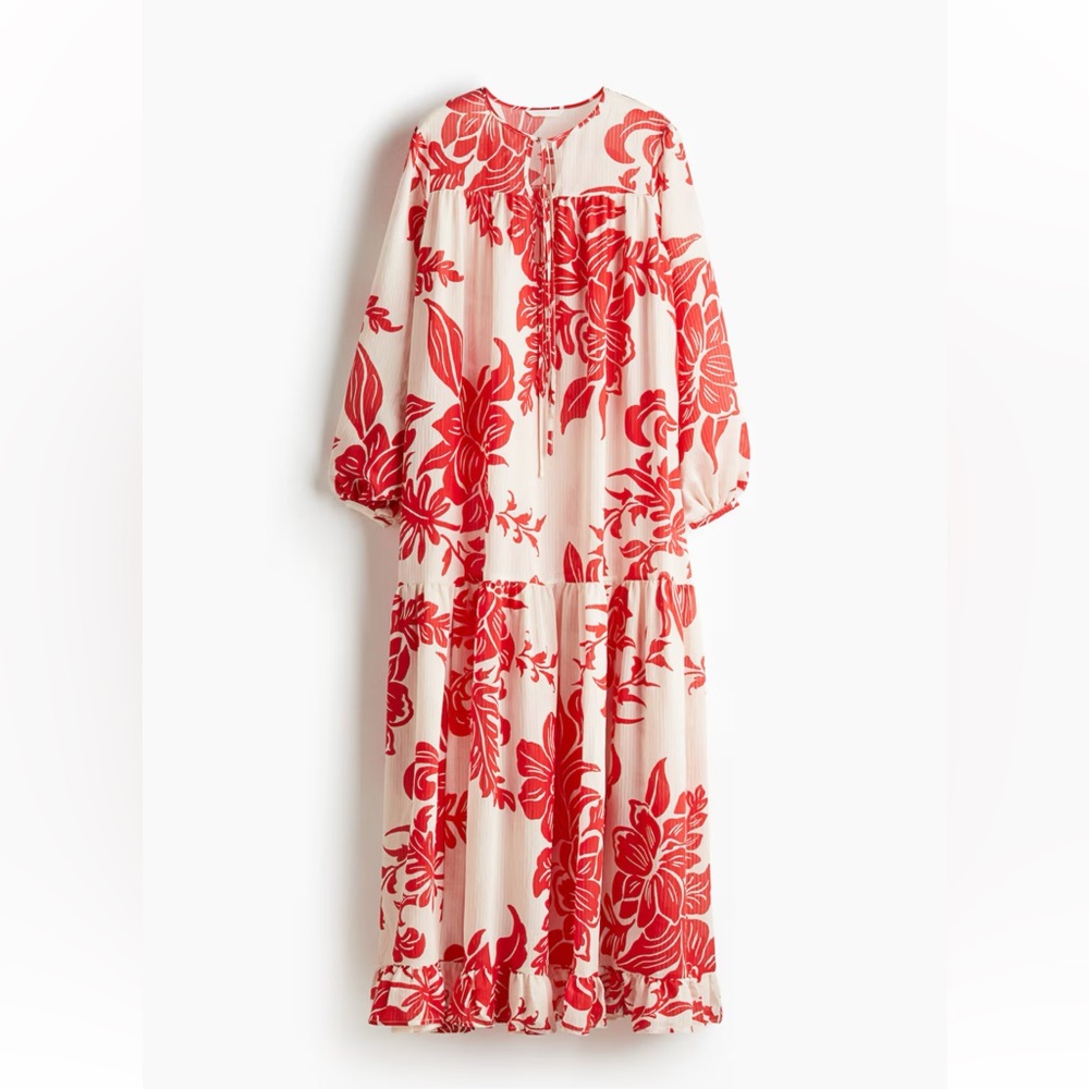 H&M Sold Out Voluminous White Red Floral Flower Long Sleeve Dress M Medium - Picture 5 of 5